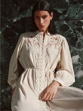 H&M Cream Long-Sleeve Lace-Detail Maxi Dress